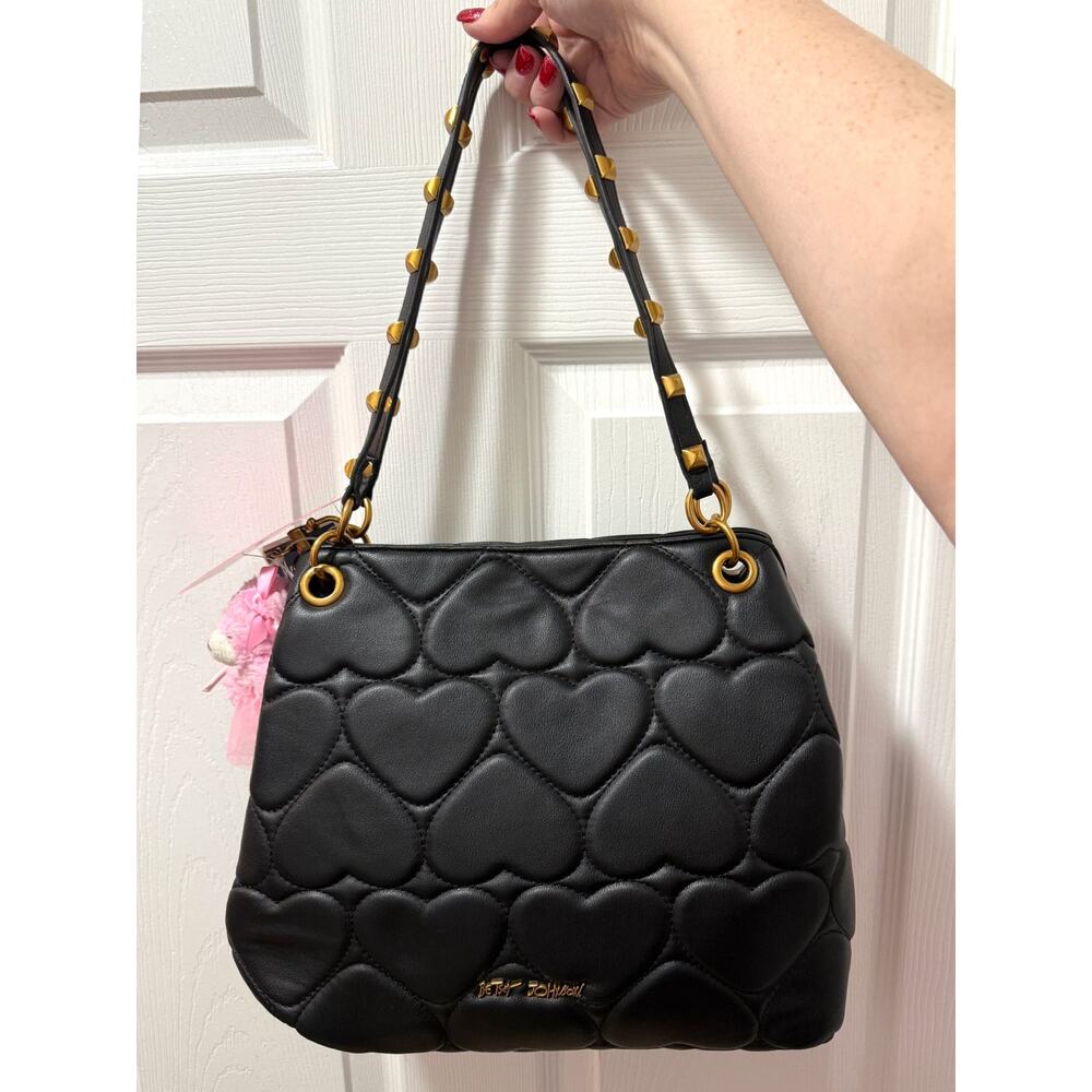 Betsey Johnson Black Heart Quilted Tote Shoulder Handbag Valentines Day New Bear